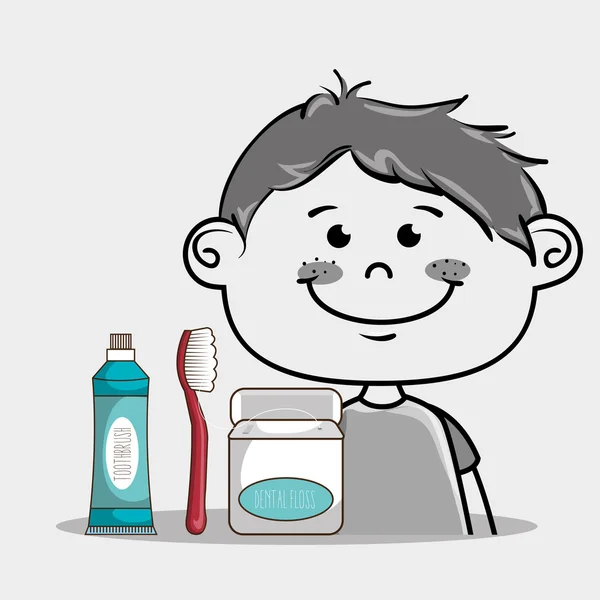 Sonriente niño de dibujos animados con implementos de cuidado dental — Vector de stock
