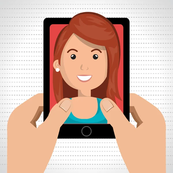 karikatür eller bir karikatür kadın ile bir akıllı telefon tutarak