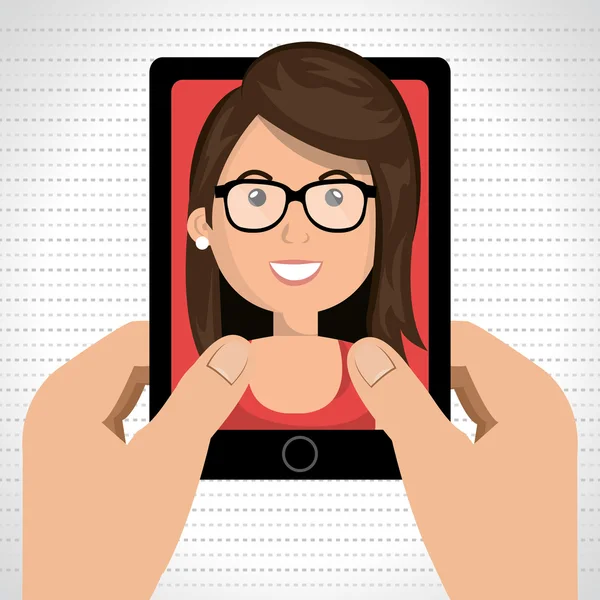 karikatür eller bir karikatür kadın ile bir akıllı telefon tutarak