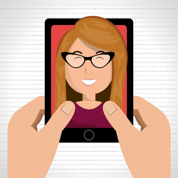 karikatür eller bir karikatür kadın ile bir akıllı telefon tutarak