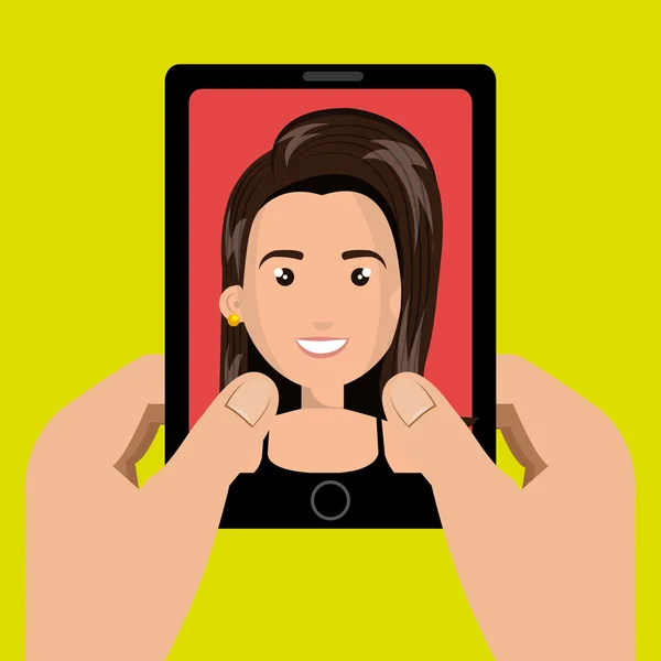 Mani dei cartoni animati che tengono smartphone nero con una donna dei cartoni animati in t — Vettoriale Stock