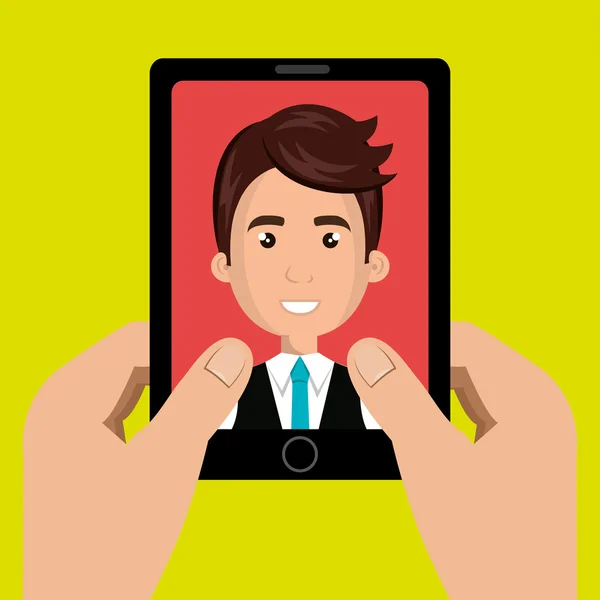 Manos de dibujos animados sosteniendo teléfono inteligente negro con un hombre de negocios en th — Vector de stock