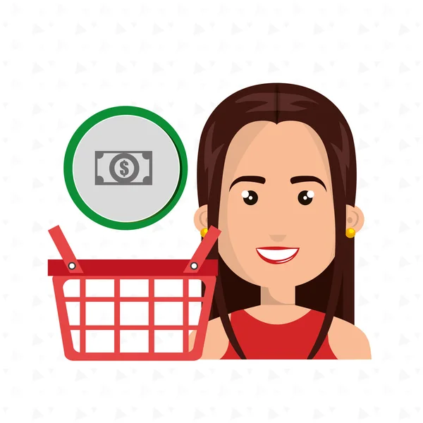 Cartoon woman next to a shopping basket and a cash symbol above — Stock Vector