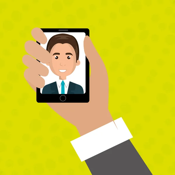 Cartoon Business man hand houden zwarte smartphone met een cartoo — Stockvector