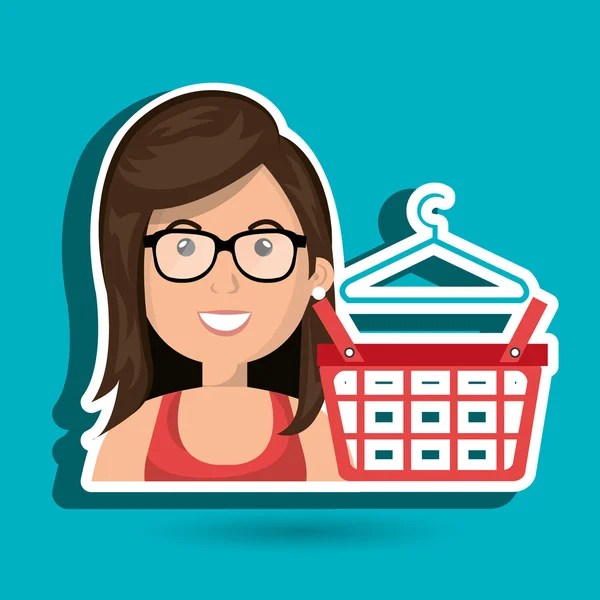 Cartoon vrouw met brillen naast een winkelmandje en een cl — Stockvector