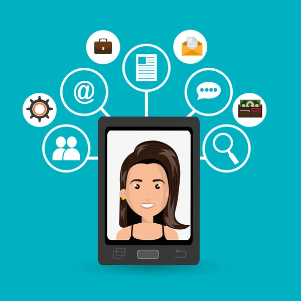 Femme dessin animé sur l'écran du smartphone et icône des médias mis au-dessus vect — Image vectorielle