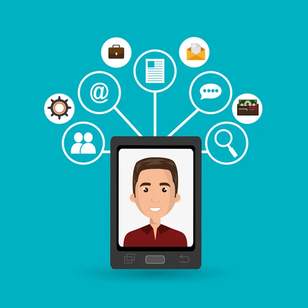 Hombre de dibujos animados en la pantalla del teléfono inteligente y el icono de medios establecidos encima del vector — Vector de stock