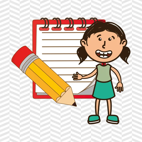 Kid met notitieboekje en potlood geïsoleerde pictogram ontwerp — Stockvector