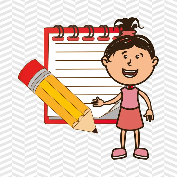 Kid met notitieboekje en potlood geïsoleerde pictogram ontwerp — Stockvector