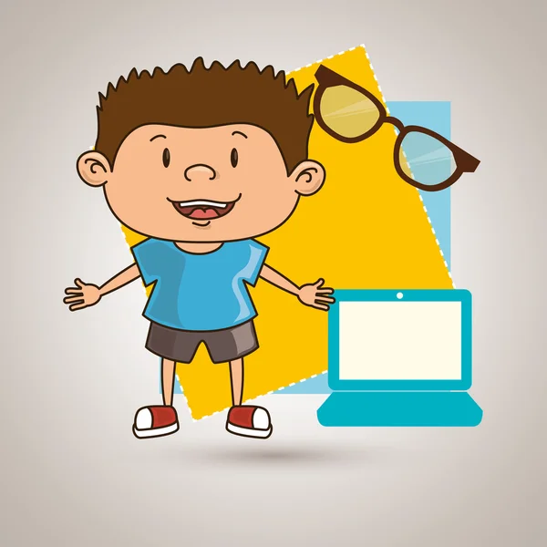 Dziecko z laptop komputer i okulary na białym tle ikona designu — Wektor stockowy