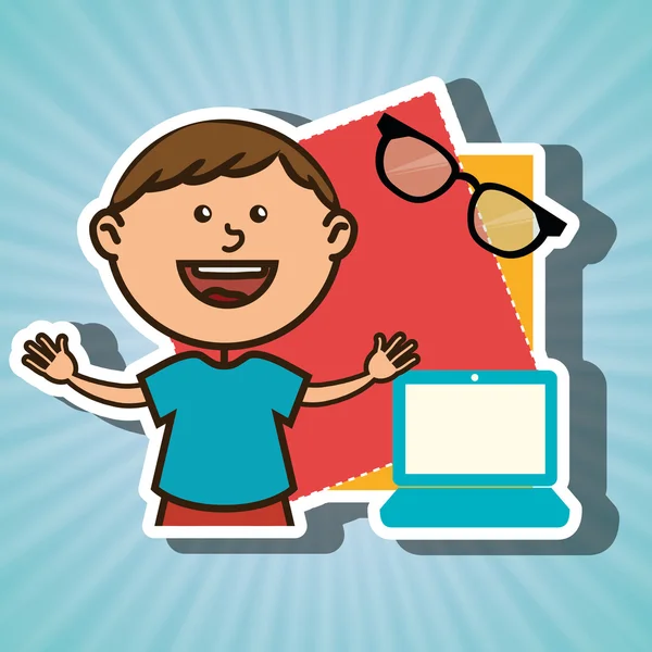 Dziecko z laptop komputer i okulary na białym tle ikona designu — Wektor stockowy