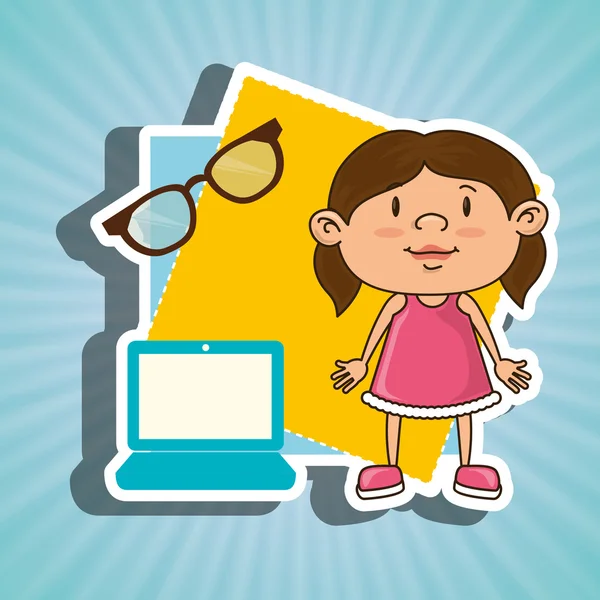 Kid met laptop computer en glazen geïsoleerde pictogram ontwerp — Stockvector