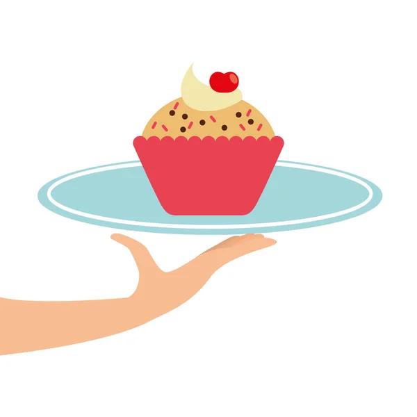 Hand holding a tray of cupcakes — Stock Vector