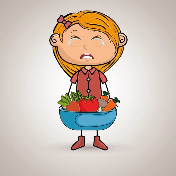 Girl cry plate vegetables — Stock Vector