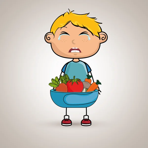 Boy cry plate vegetables — Stock Vector