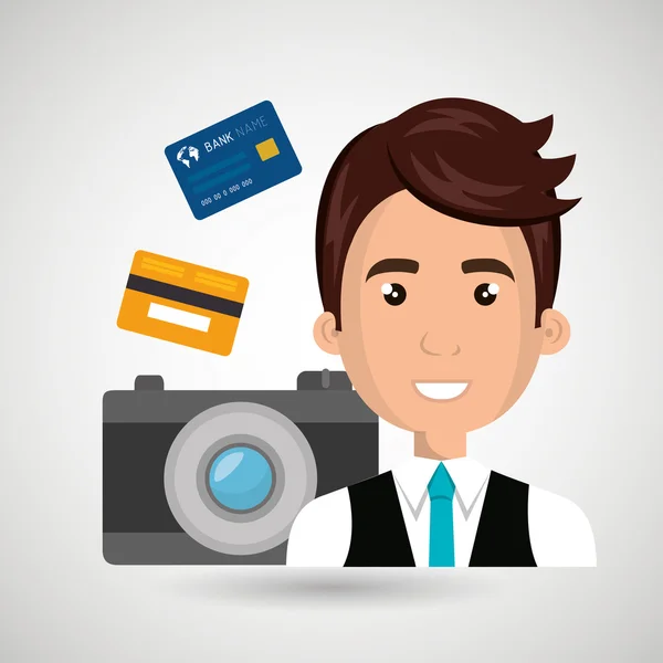 Karakter kamera fényképezés és hitelkártya — Stock Vector