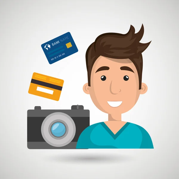 Karakter kamera fényképezés és hitelkártya — Stock Vector