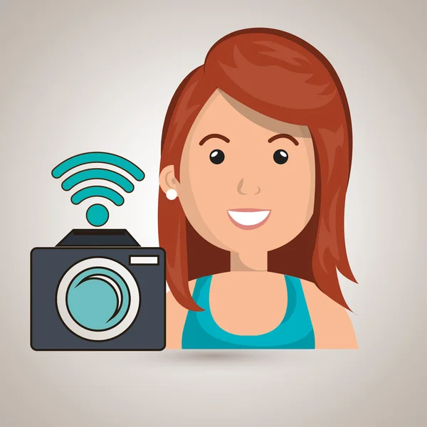 Mujer cámara fotografía wifi — Vector de stock