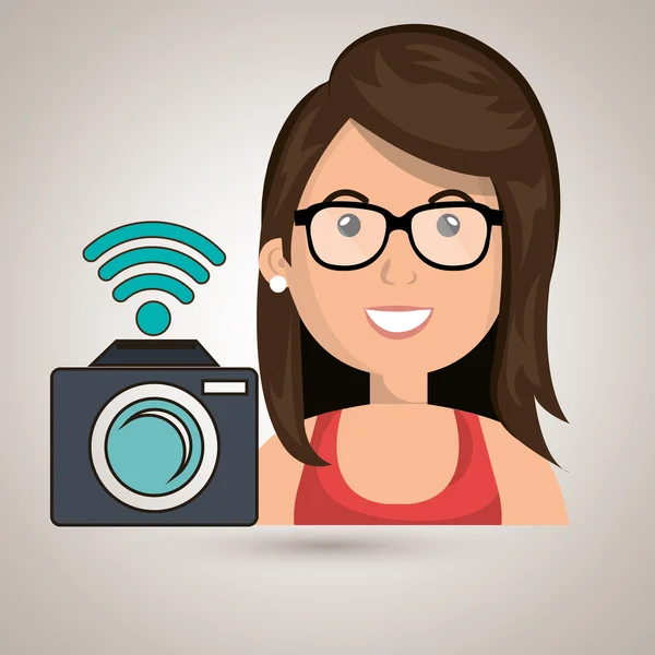 Woman camera photography wifi — Stock Vector
