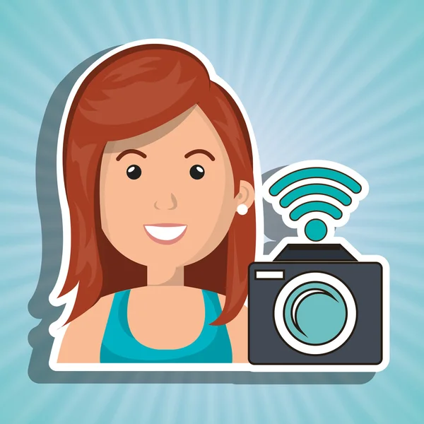 Woman camera photography wifi — Stock Vector