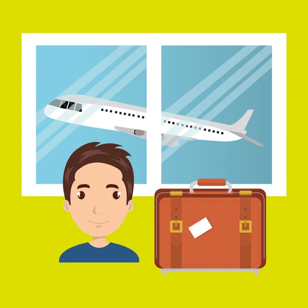 Hombre maleta avión ventana — Vector de stock