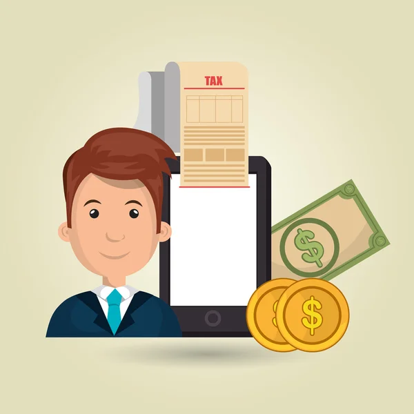 Homem smartphone impostos dinheiro — Vetor de Stock