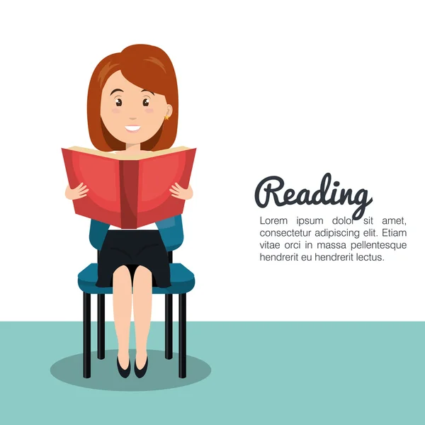 Mujer leyendo libro de texto r icono — Vector de stock