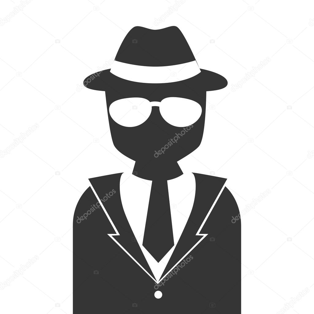 silhouette man detective hat glasses isolated