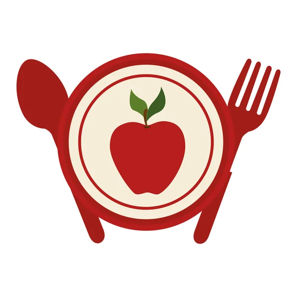 Prato de frutas de maçã com garfo e faca — Vetor de Stock
