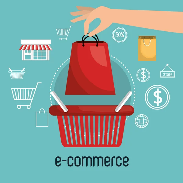 Cesta loja de e-commerce design online — Vetor de Stock