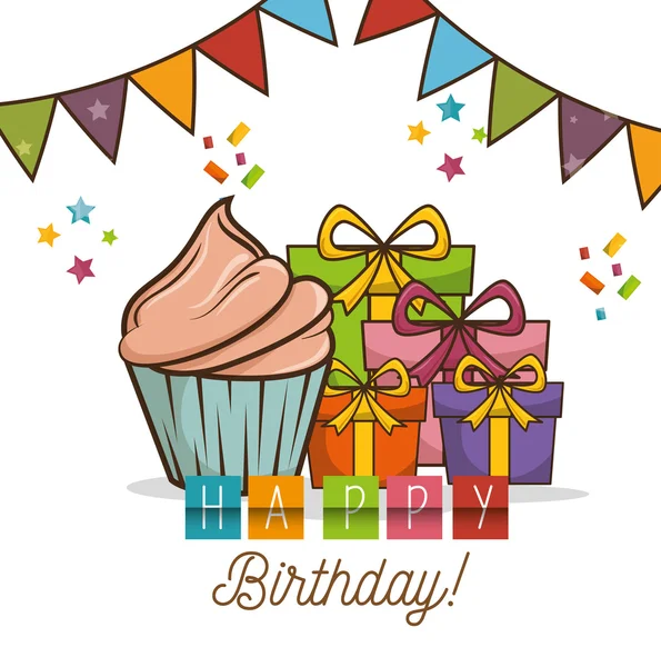 Cupcake dulce feliz cumpleaños regalos diseño aislado — Vector de stock