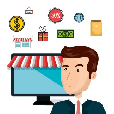 çizgi film adam mağaza e-ticaret izole tasarım