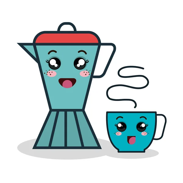 Dessin animé cafetière et tasse expression faciale icône isolée des — Image vectorielle