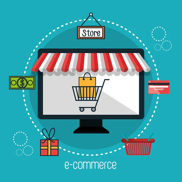 Monitor e-commerce geïsoleerd winkelontwerp — Stockvector