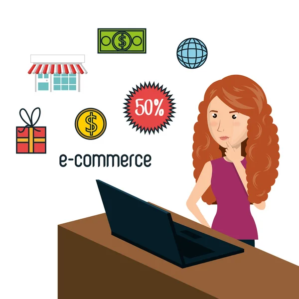 Cartoon woman e-commerce isolated design — Stock Vector