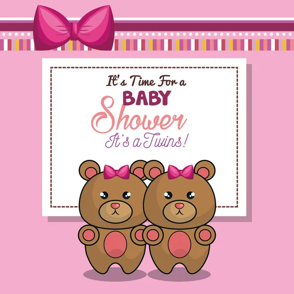 Invitation baby shower twins girl pink bear — Stock Vector