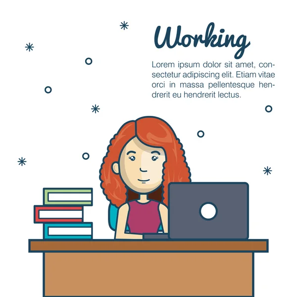 Desenho animado mulher trabalhando laptop mesa design —  Vetores de Stock