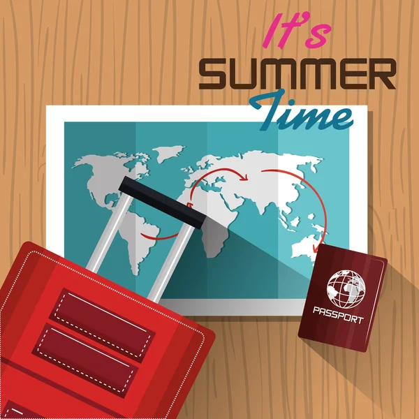 Su tiempo de verano maleta pasaporte mapa diseño — Vector de stock