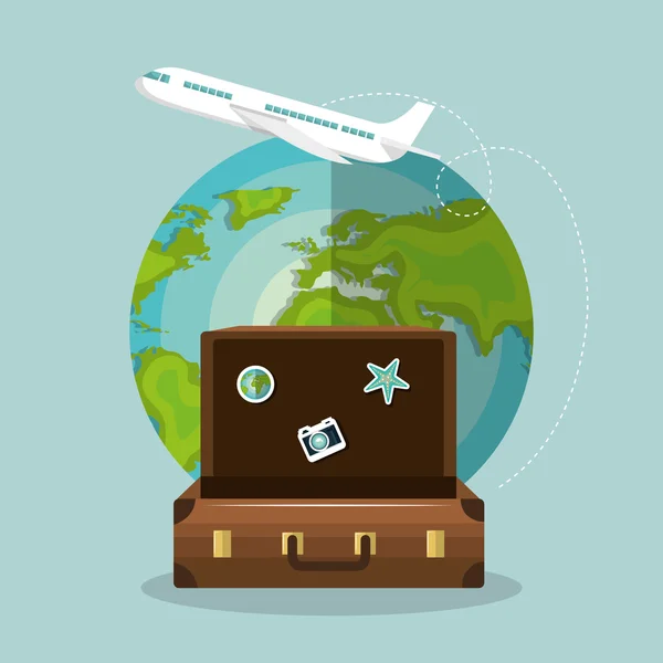 Viaje maleta mundo avión vacaciones diseño — Vector de stock