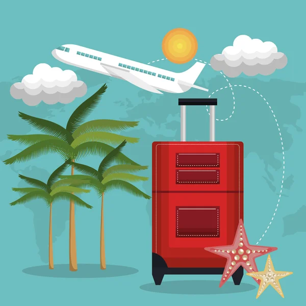 Voyage plage valise rouge avion vacances conception — Image vectorielle