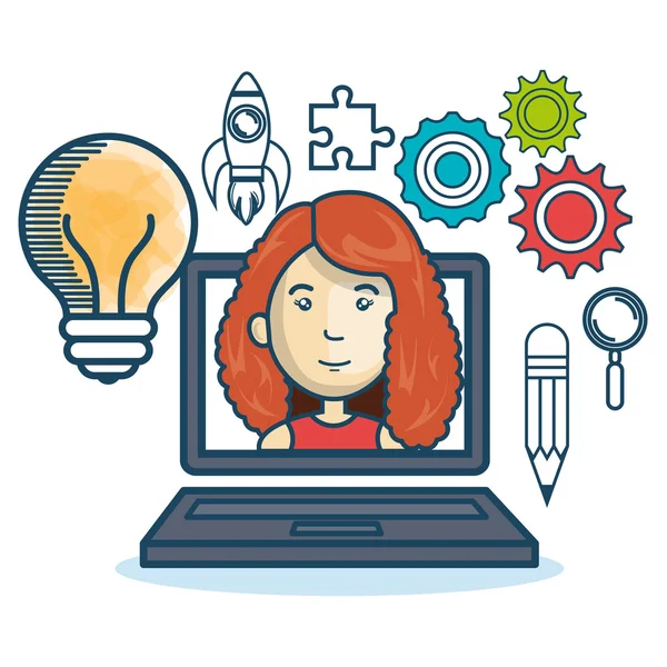 Laptop kvinna utbildning online konceptdesign — Stock vektor