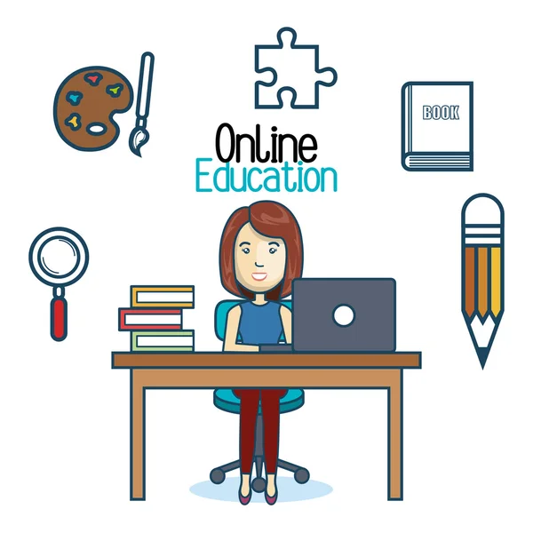 Education online woman desk laptop — Stock Vector
