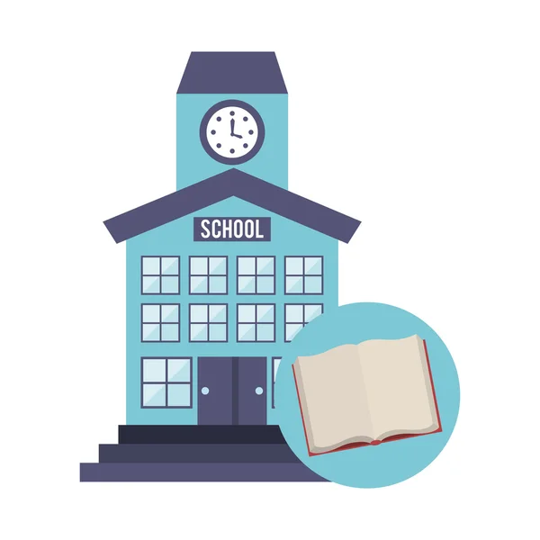 Edificio de la escuela con icono de la educación — Vector de stock