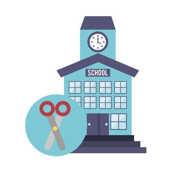 Edificio de la escuela con icono de la educación — Vector de stock