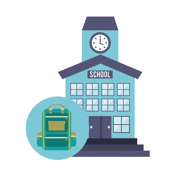 Edificio de la escuela con icono de la educación — Vector de stock