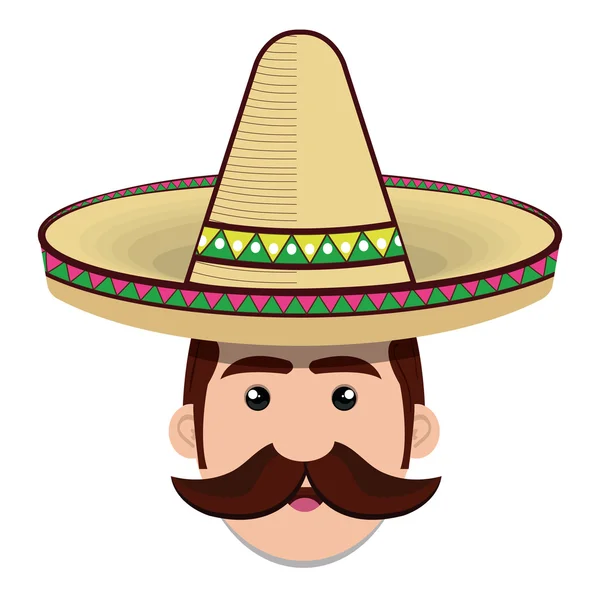 चेहरा आदमी मैक्सिकन टोपी और मूंछ ग्राफिक — स्टॉक वेक्टर