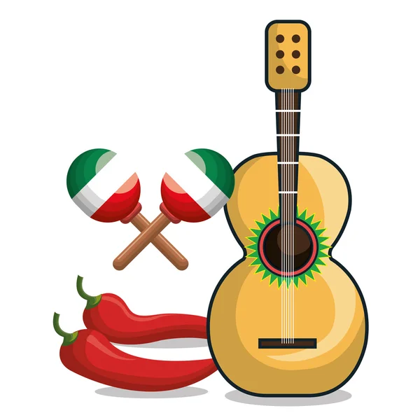 Gitarre Maraca und Chili mexikanische Symbolgrafik — Stockvektor