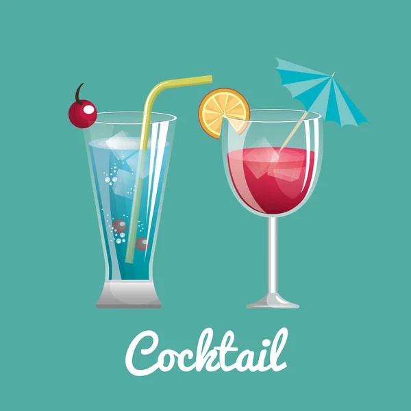 Two cocktail glass with straw and umbrella design — Stock Vector