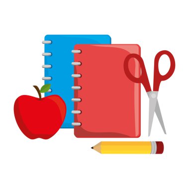 çizgi film defter makas kalem ve apple tasarım ile kırmızı
