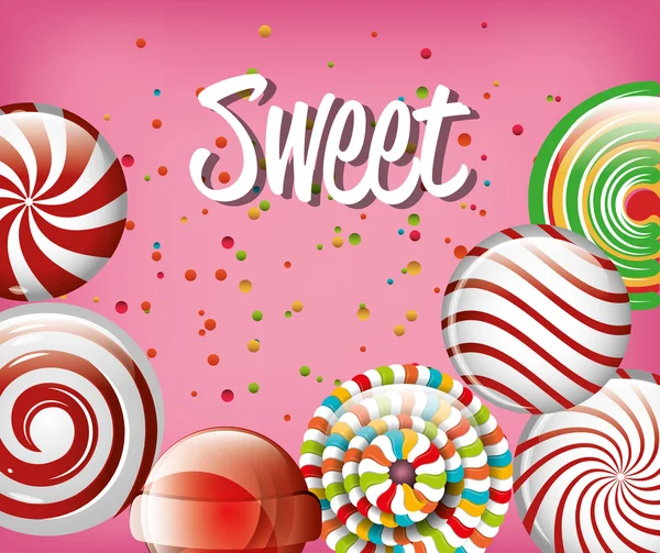 Dulces caramelos arco iris y espiral con fondo rosa — Vector de stock